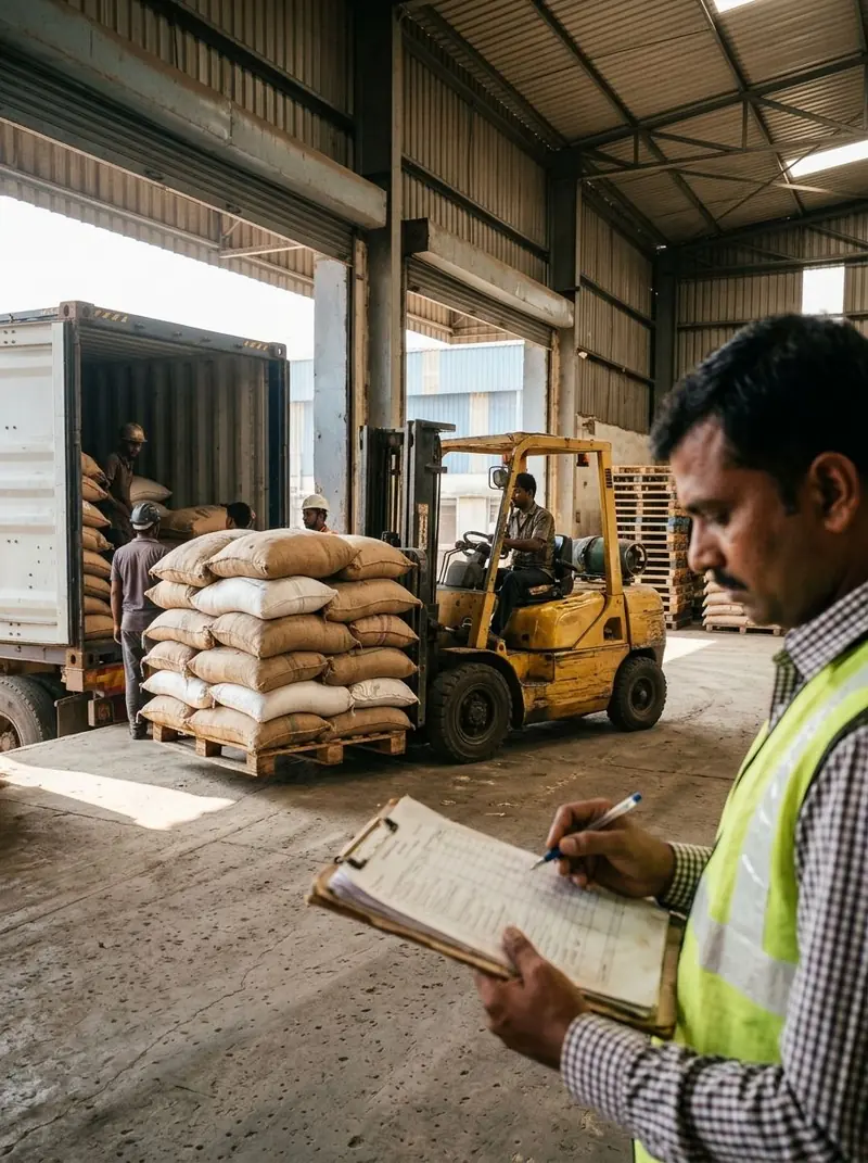 Sacks loaded into a container while an inspector checks the paperwork
