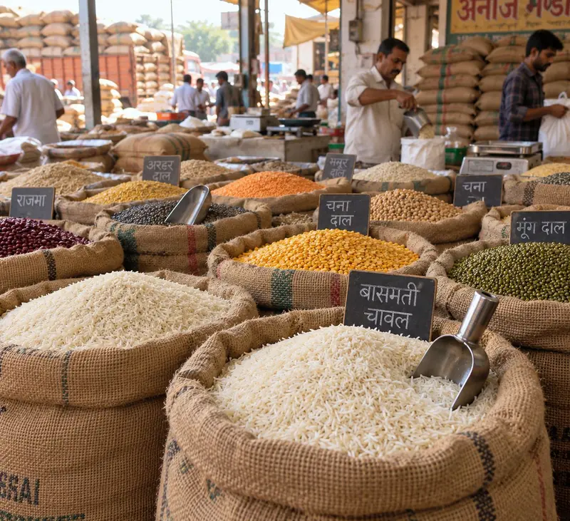 Rice and pulses at an Indian grain market
