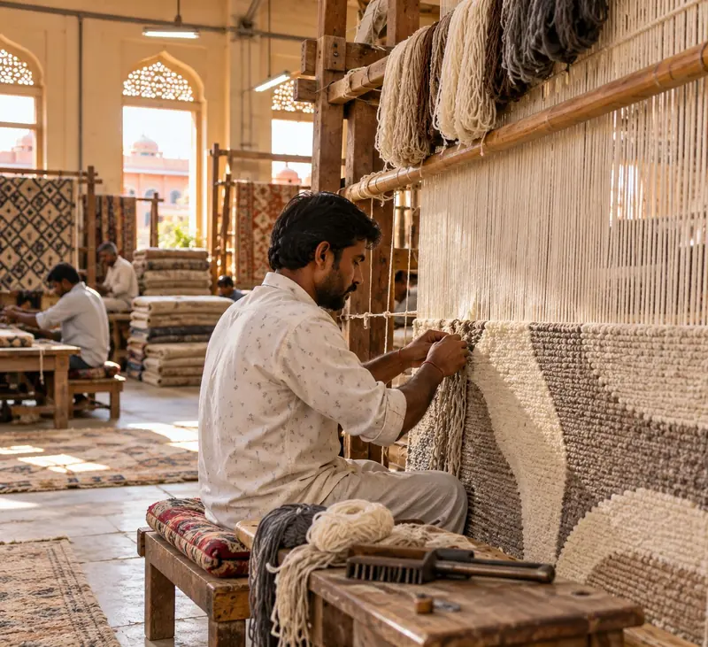 Artisan weaving a rug on a wooden loom in Jaipur